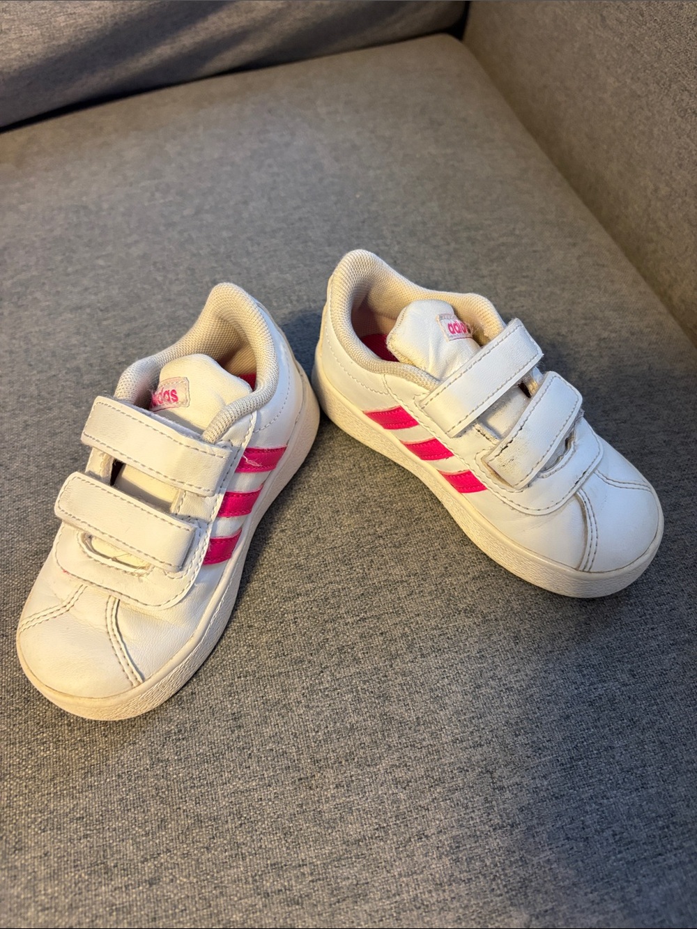 adidas Kids White Sneakers with Pink Stripes - Velcro Straps